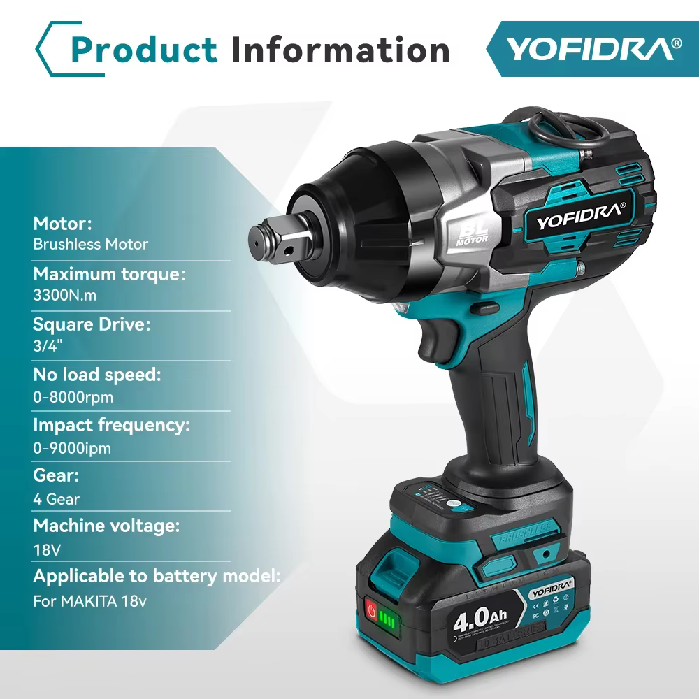 YOFIDRA 3300N.M clé à chocs électrique sans brosse à couple élevé 3/4 pouces clé sans fil outil