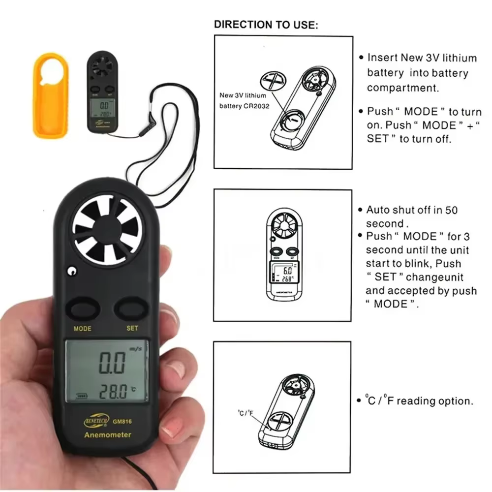 Anémomètre numérique LCD portable, mesureur de vitesse du vent, jauge de température pour la navigation, les drones, le HVAC, les tests industriels en extérieur