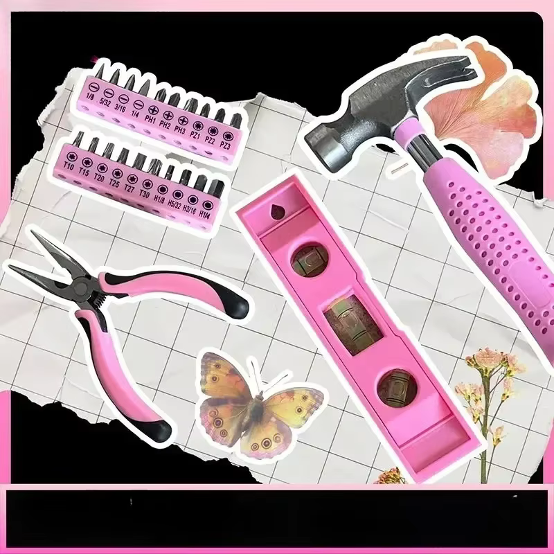 Boîte à Outils Domestique Rose avec Marteau et Tournevis à Batterie au Lithium pour Femme