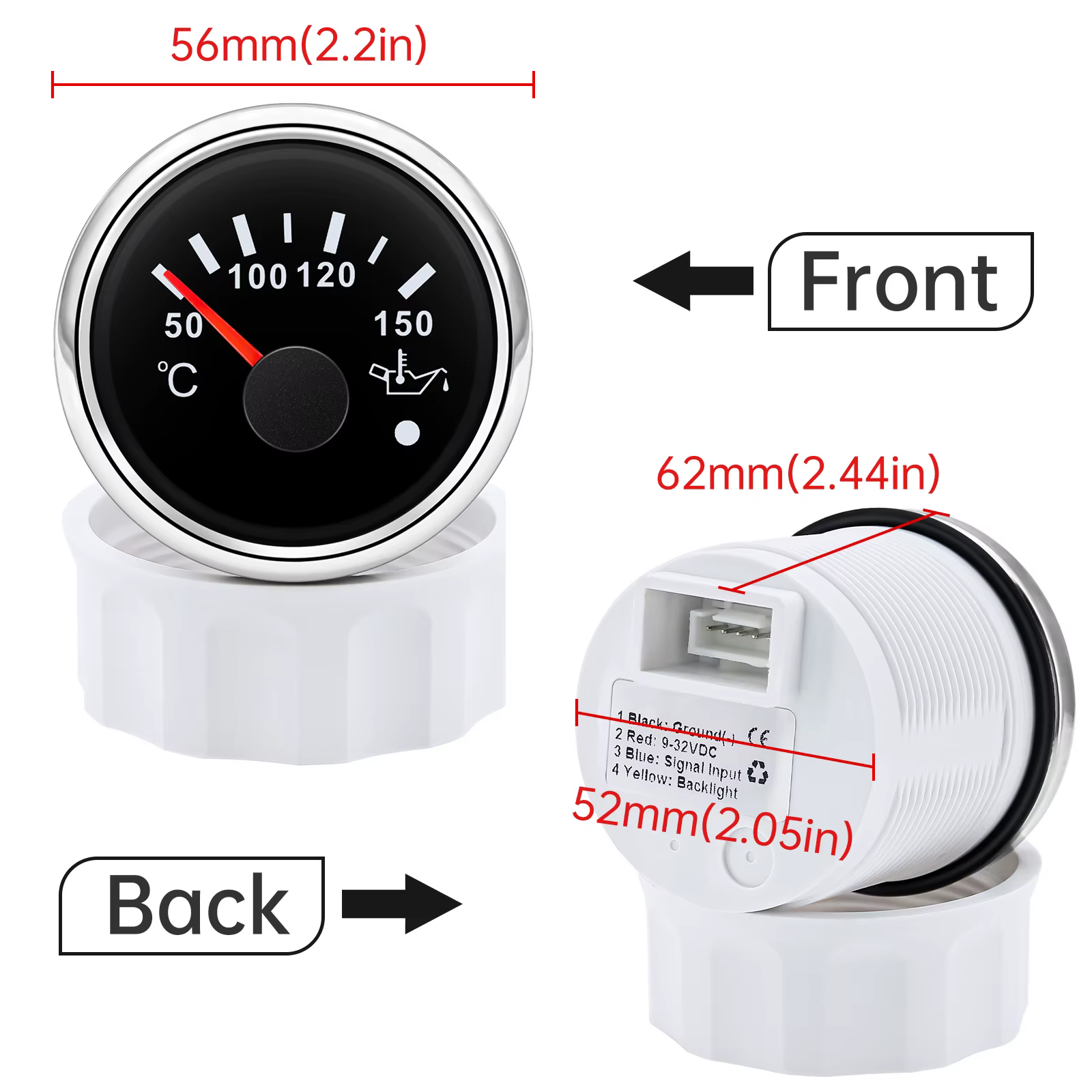 Jauge de température de l'eau pour voiture et bateau, 2'' 52mm, universelle, 12V 24V, accessoires étanches avec voyant d'avertissement de température