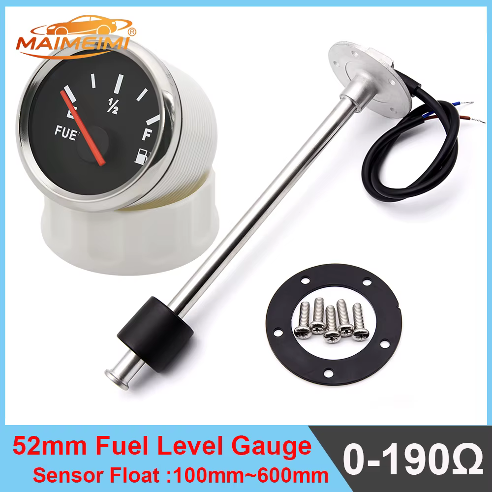 Indicateur de niveau de carburant pour bateau marin de 52 mm avec capteur de niveau de carburant en acier inoxydable 0~190 ohm, unité de transmission de carburant 100~600 mm