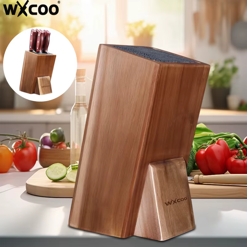 Nouveau porte-couteau universel de cuisine en bois d'acacia, support de cuisine avec poils pour comptoir de cuisine, bloc de couteaux en bois massif