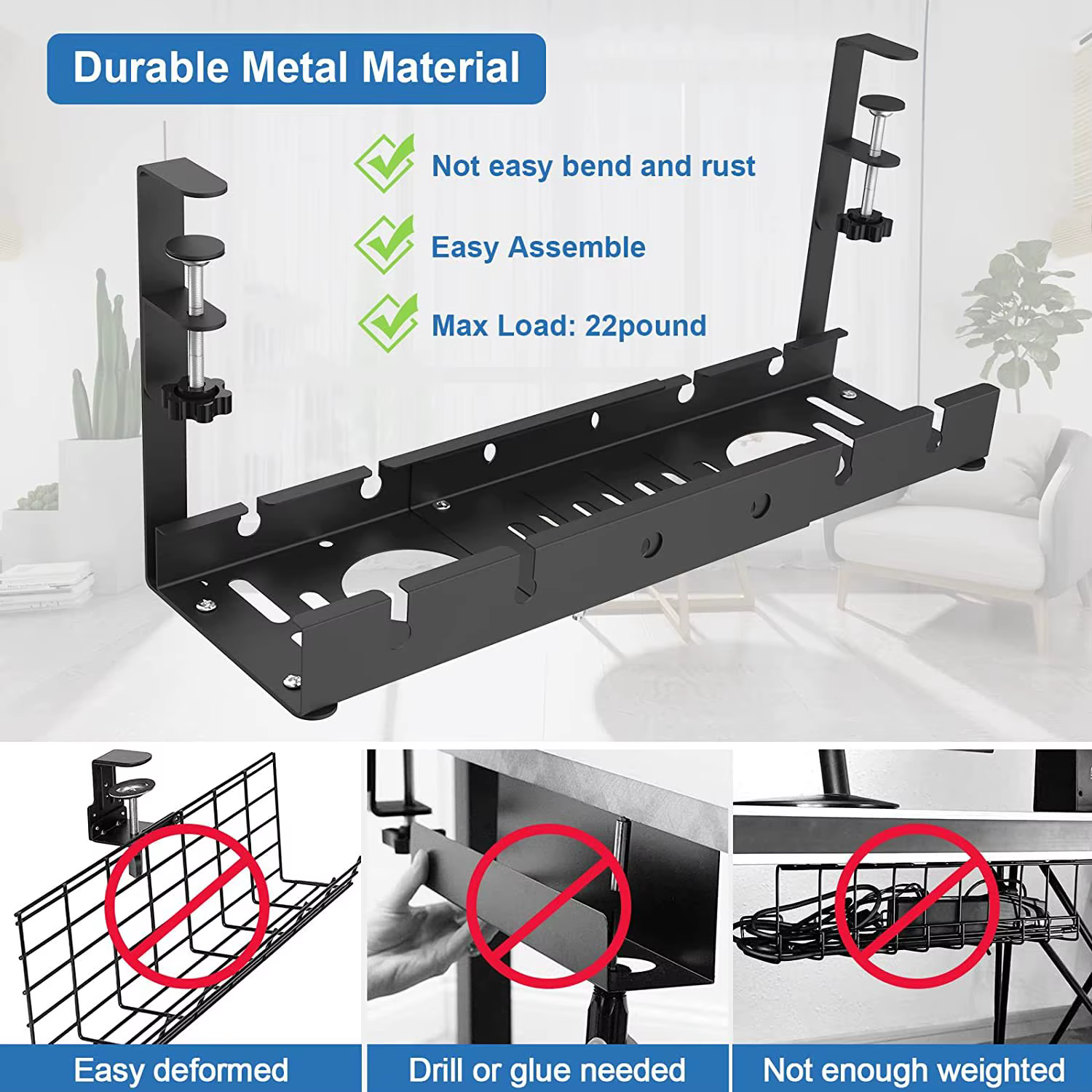 Organisateur extensible sous le bureau, plateau de gestion des câbles sans perceuse (noir/blanc), rangement télescopique peu encombrant pour fils et bureau