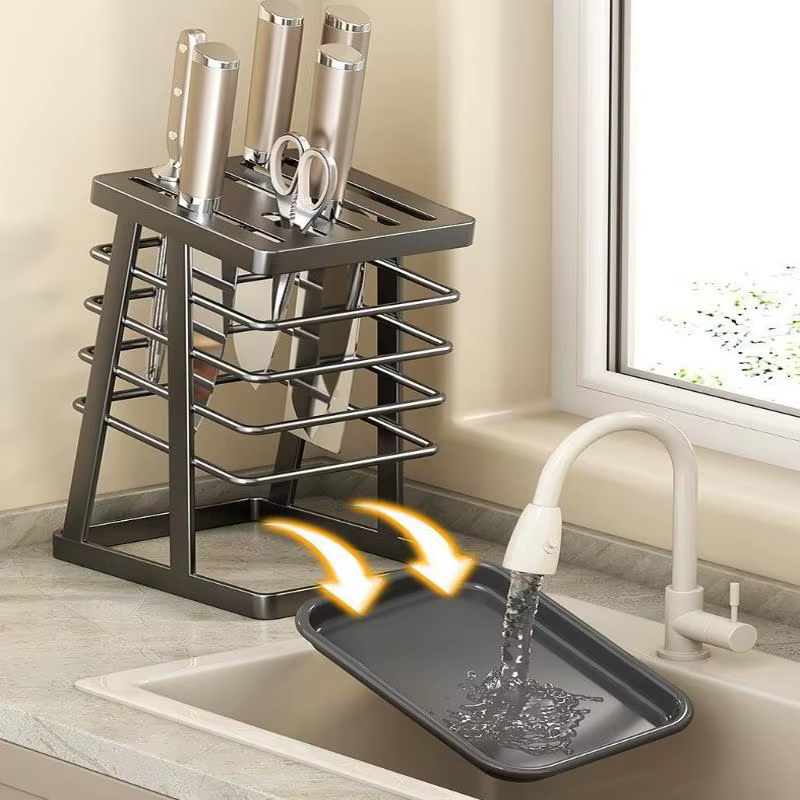 Support de rangement carré multifonctionnel pour ustensiles de cuisine, économiseur d'espace, pour outils de découpe, avec égouttoir de comptoir