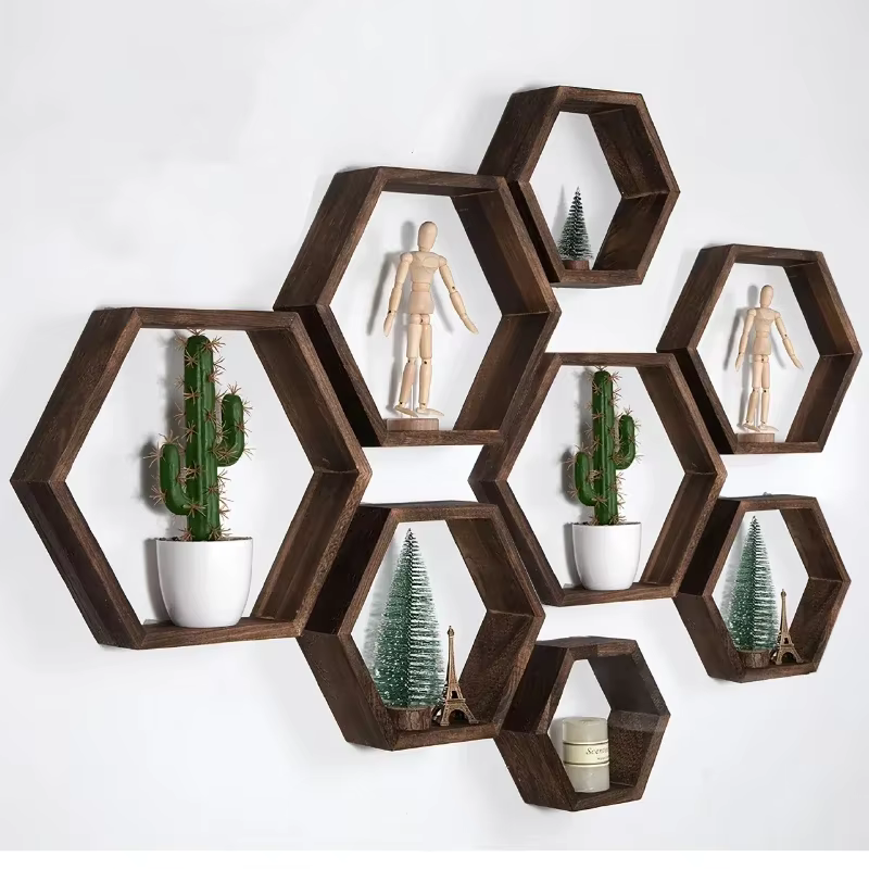 Nouvel arrivage : Ensemble d'étagères flottantes hexagonales et unités de rangement murales en bois massif en nid
