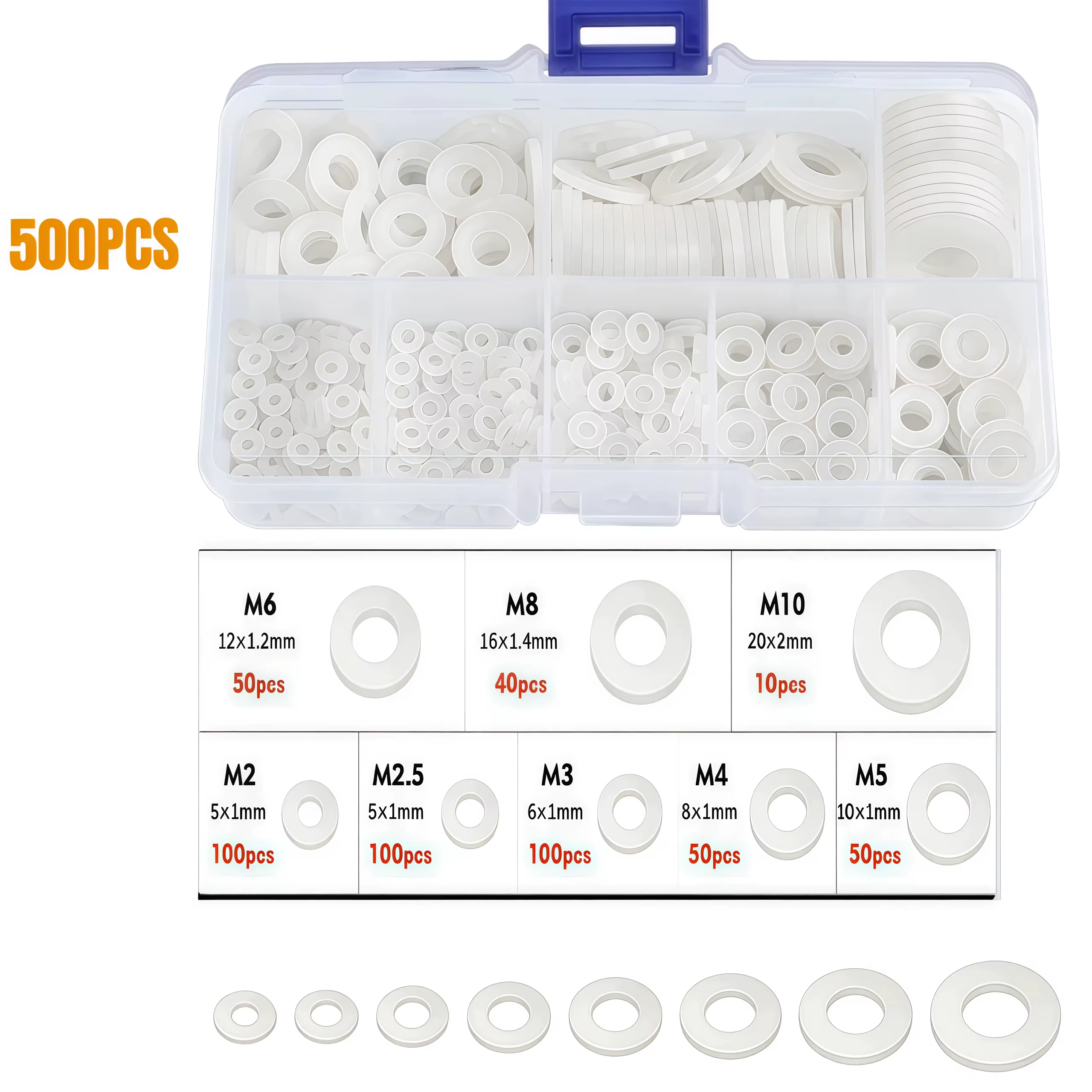 1 boîte de rondelles plates en plastique mixtes M2 M2.5 M3 M4 M5 M6 M8 M10