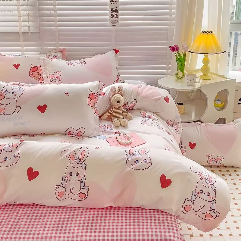 Ensemble de draps de lit de style dessin animé pour enfants, ensemble de literie imprimé lapin mignon, respirant, durable, reine, roi