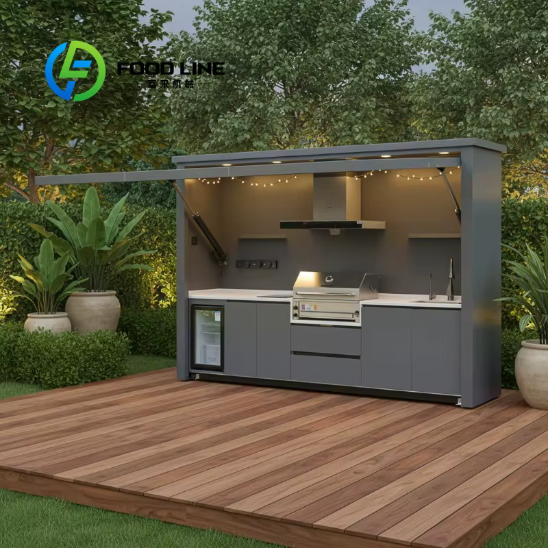 Ensemble de cuisine barbecue modulaire extérieur sur mesure avec réfrigérateur pleine taille et portes de rangement