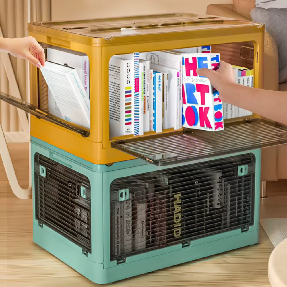 Boîte de rangement pliable pour livres avec cinq compartiments empilables transparents pour vêtements
