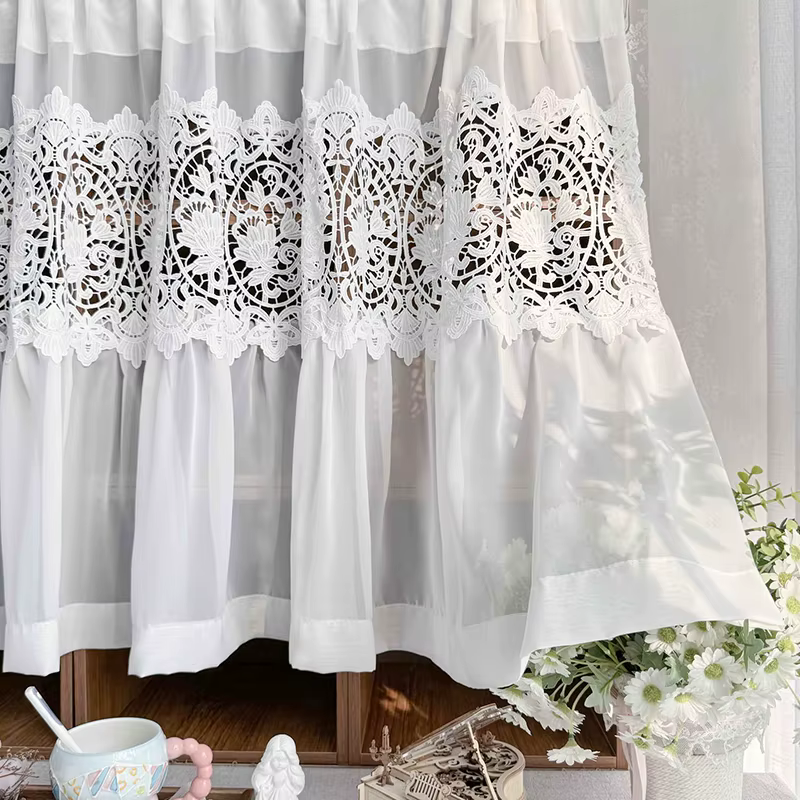 Rideau court en dentelle brodée de fleurs exquises de Style français, blanc, élégant, transparent, pour café, pour salon et porte de cuisine