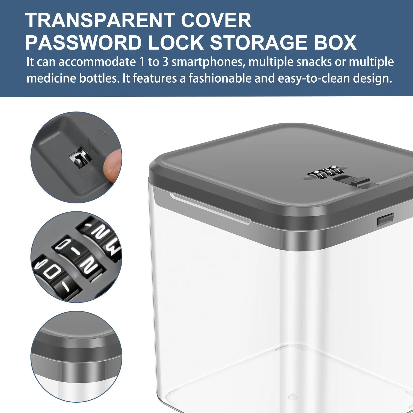 Boîte de rangement transparente avec serrure à code pour téléphone, appareil de jeu, nourriture, collations, réfrigérateur, objets personnels, coffre-fort