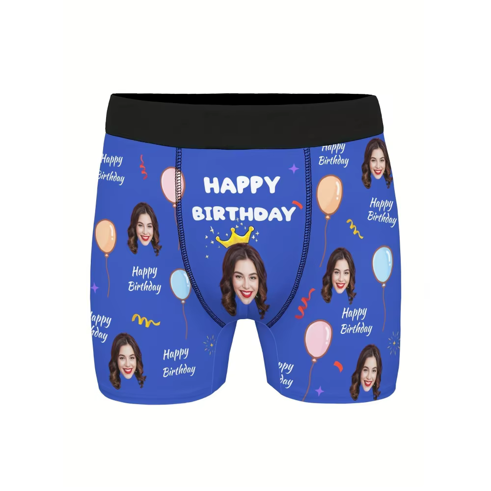 Boxer personnalisé avec photo pour homme, sous-vêtements imprimés avec ballons joyeux anniversaire, cadeau surprise amusant pour mari