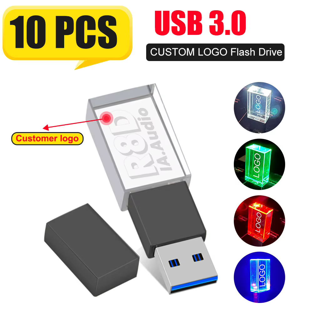 Clé USB en cristal avec logo personnalisé, clé USB 3.0, cadeau de mariage, 4 Go, 16 Go, 32 Go, 64 Go, 3.0 Go, impression gratuite, 128, 10 pièces