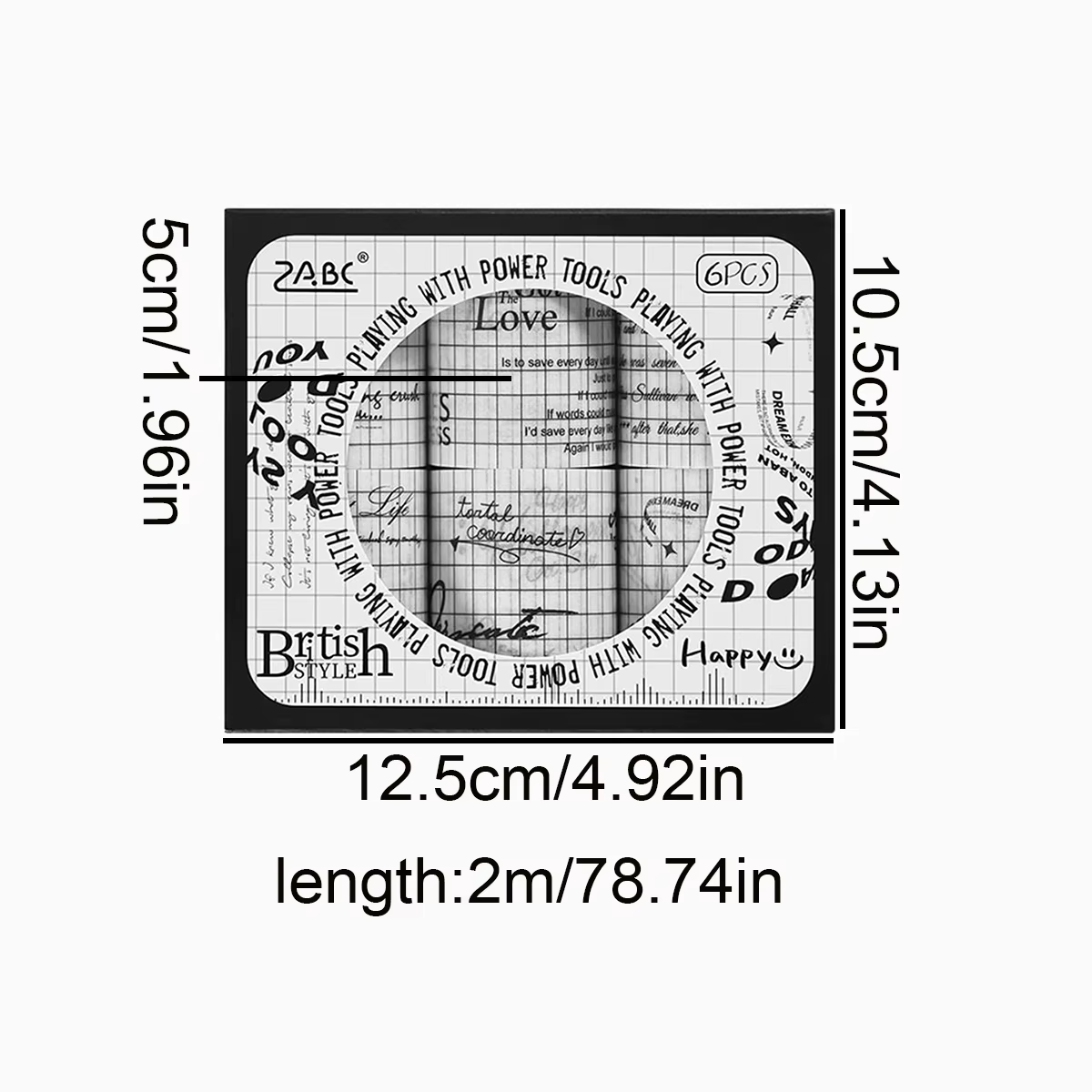 6 rouleaux/boîte de ruban washi vintage anglais, ruban décoratif simple noir et blanc, facile à déchirer pour la décoration de fond de scrapbooking