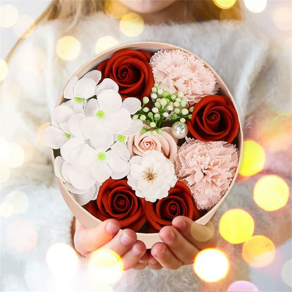 Coffret cadeau de fleurs de savon, plante artificielle, huile essentielle, savon de fleurs pour la fête des femmes, fête des mères, œillet de roses, décoration de salle de bains