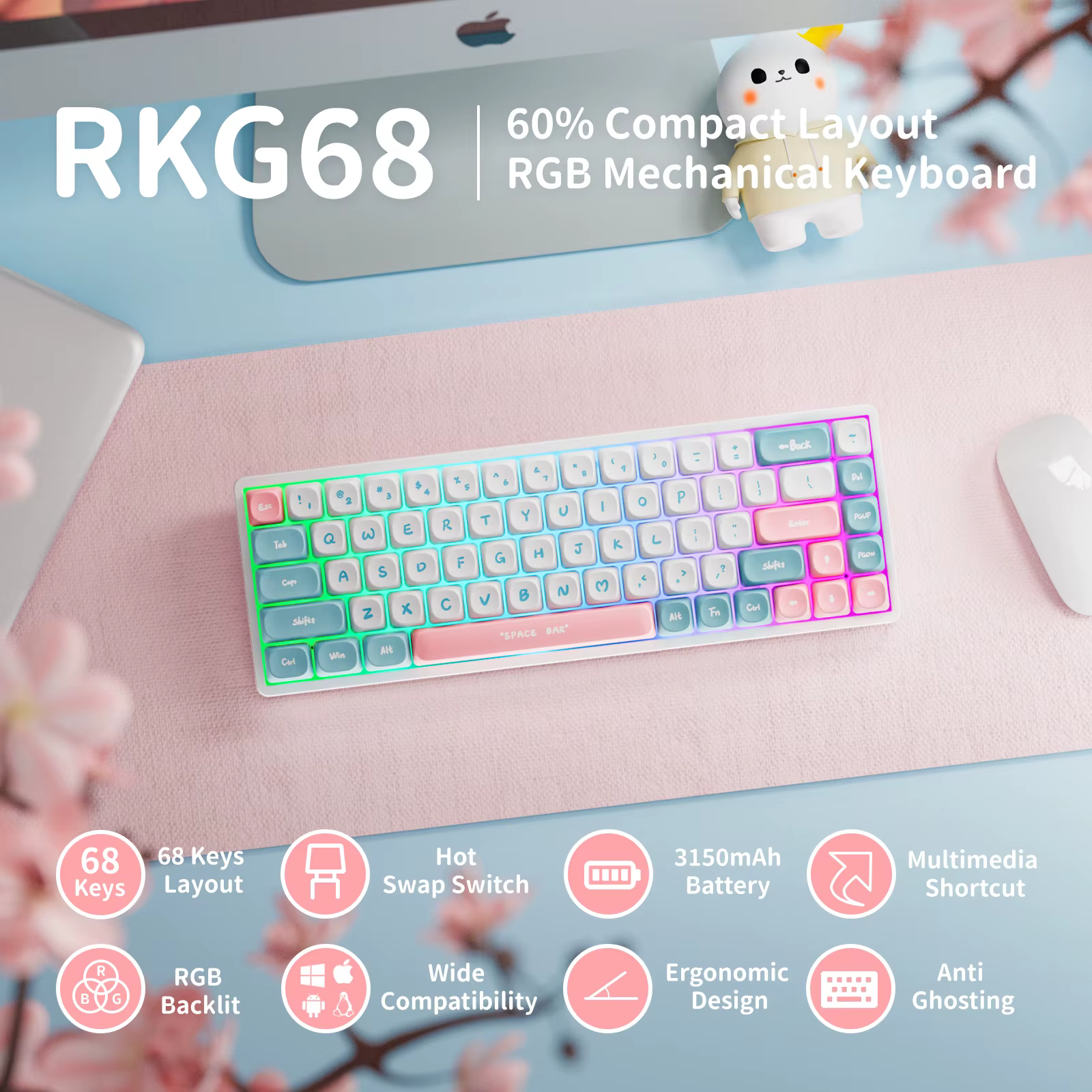 RK Royal Kludge RK837 clavier mécanique russe 68 touches 65% rvb rétro-éclairé échangeable à chaud 2.4G sans fil Bluetooth claviers de jeu