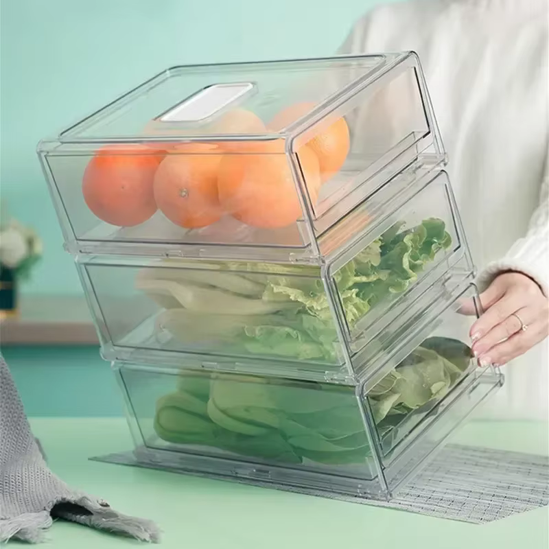 Boîte à tiroirs pour réfrigérateur de cuisine, rangement de fruits et légumes, poubelle de conservation des fruits frais, organisateur empilable, boîte d'armoire de garde-manger pour réfrigérateur