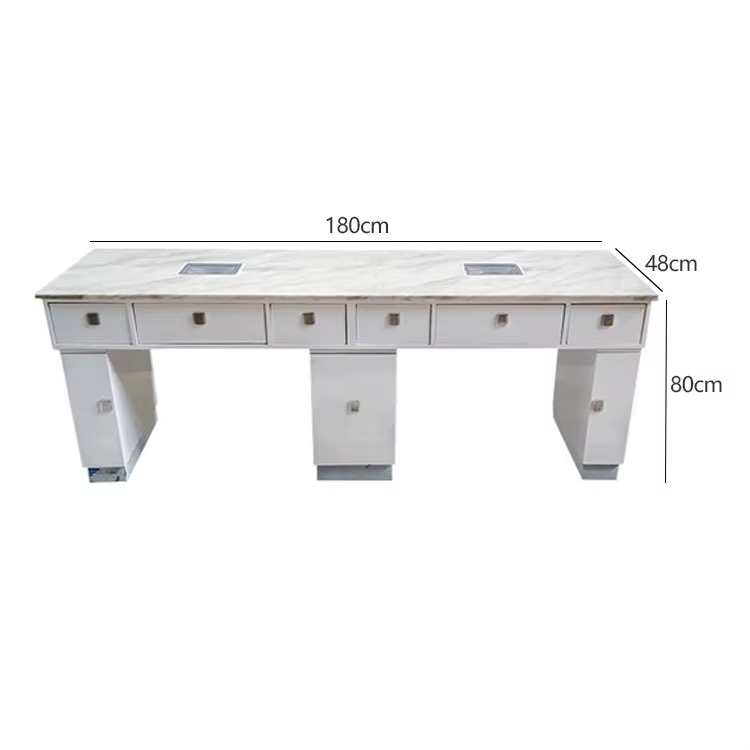 Table à ongles double en marbre, table de manucure en MDF E1 avec dépoussiéreur, ensemble de mobilier de salon personnalisé en verre trempé avec chaises