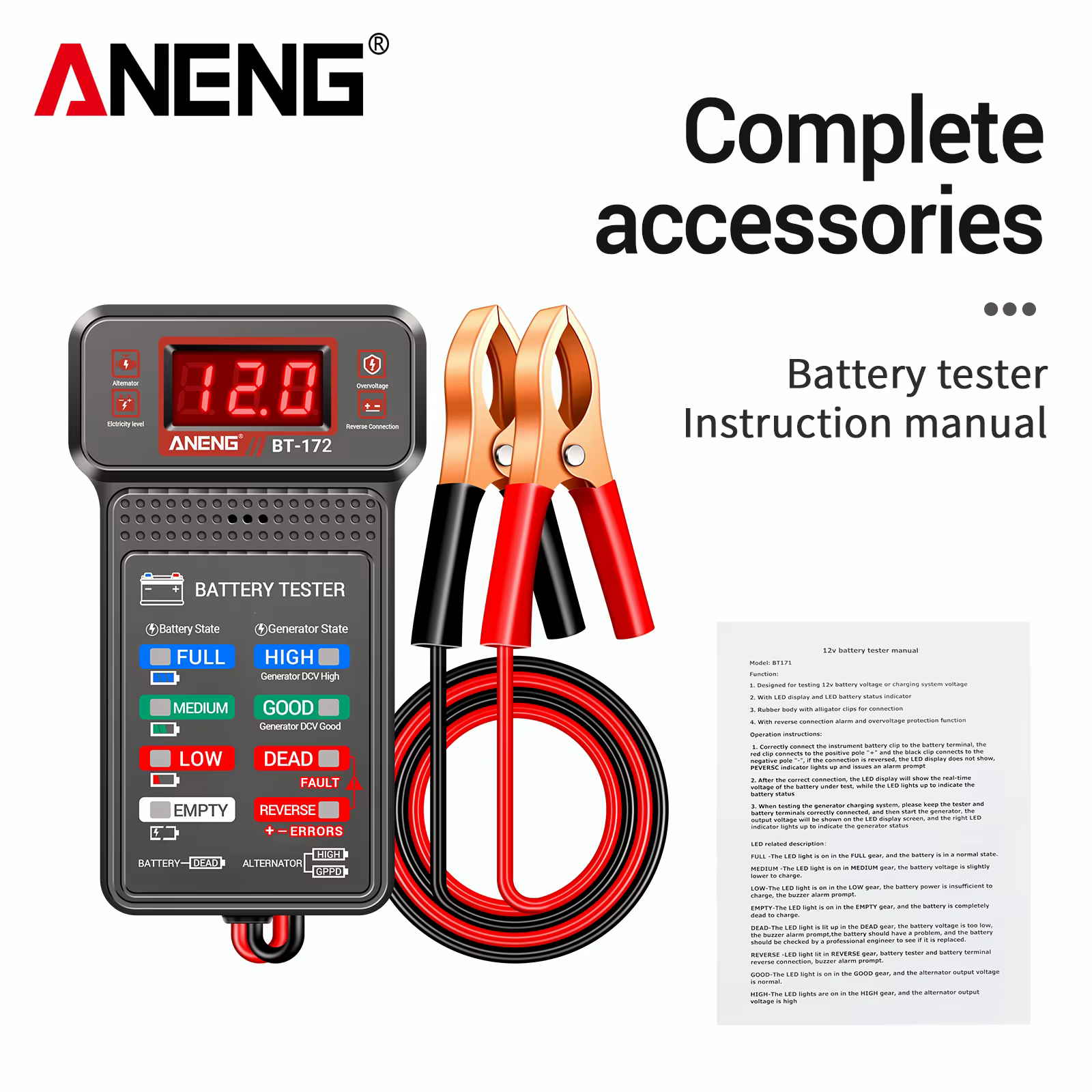 Testeur de batterie automobile ANENG BT-172 12V avec alarme sonore