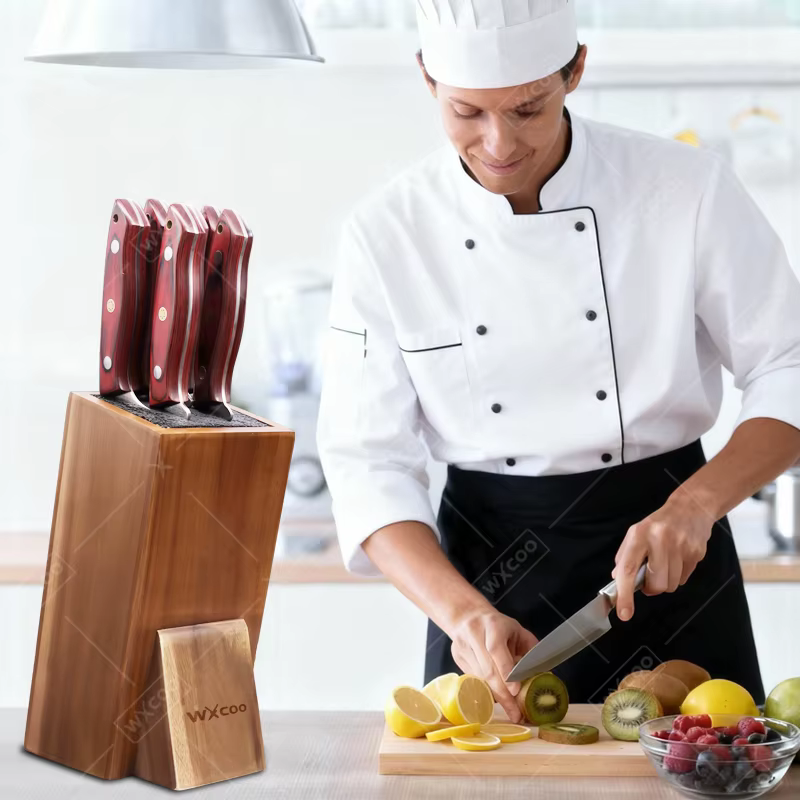Nouveau porte-couteau universel de cuisine en bois d'acacia, support de cuisine avec poils pour comptoir de cuisine, bloc de couteaux en bois massif