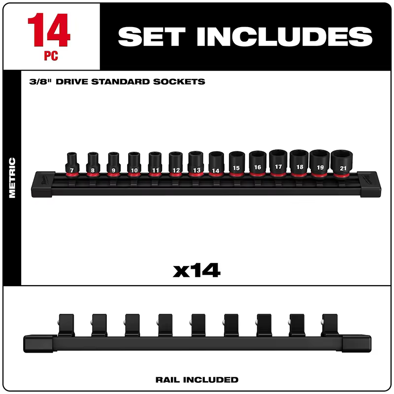 Milwaukee 49-66-7007 SHOCKWAVE Jeu de douilles à chocs métriques 3/8'' 14 pièces avec rail de rangement