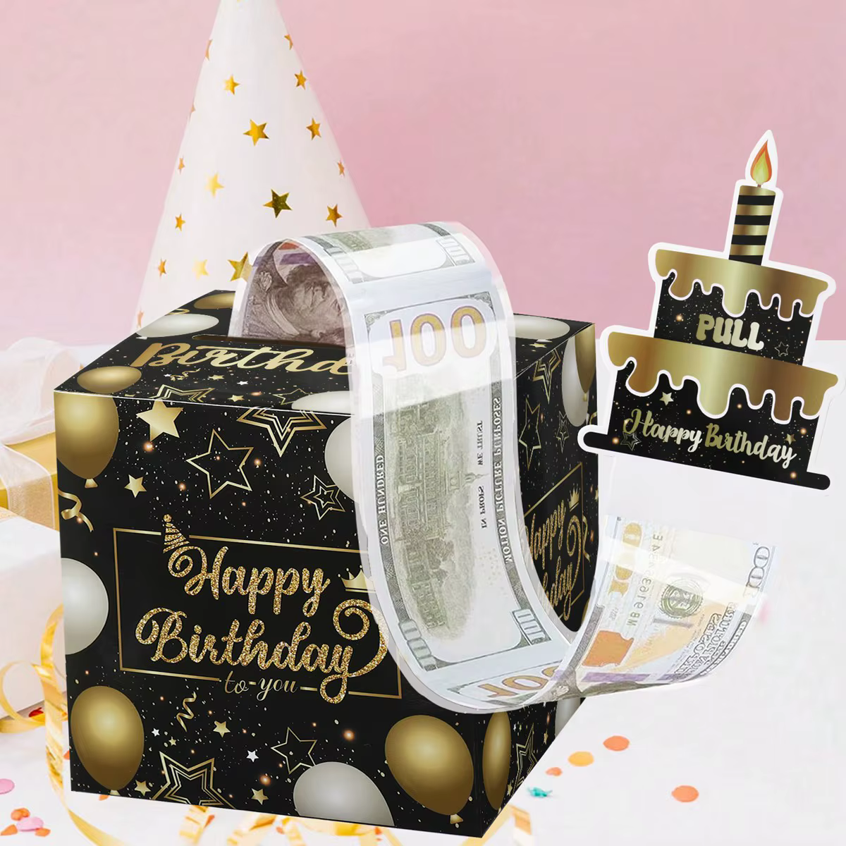 Coffret cadeau d'anniversaire avec carte à gâteau, 1 pièce, tirelire à pompage drôle, cadeaux d'anniversaire créatifs pour hommes et femmes Décor de fête d'anniversaire