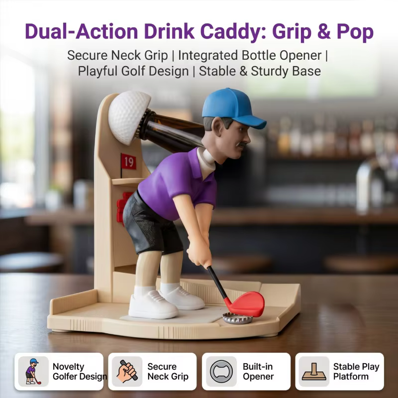 Décapsuleur de bouteille en forme de figurine de golfeur avec fente pour capsules
