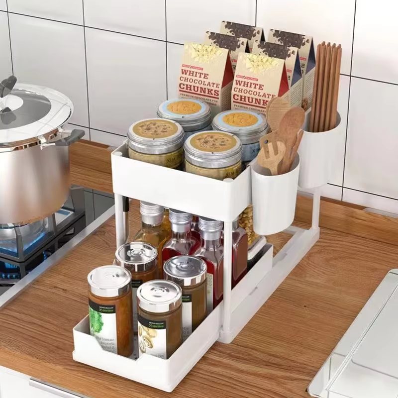 Étagère de rangement coulissante à 2 niveaux pour cuisine - Organisateur de tiroir multifonctionnel antidérapant