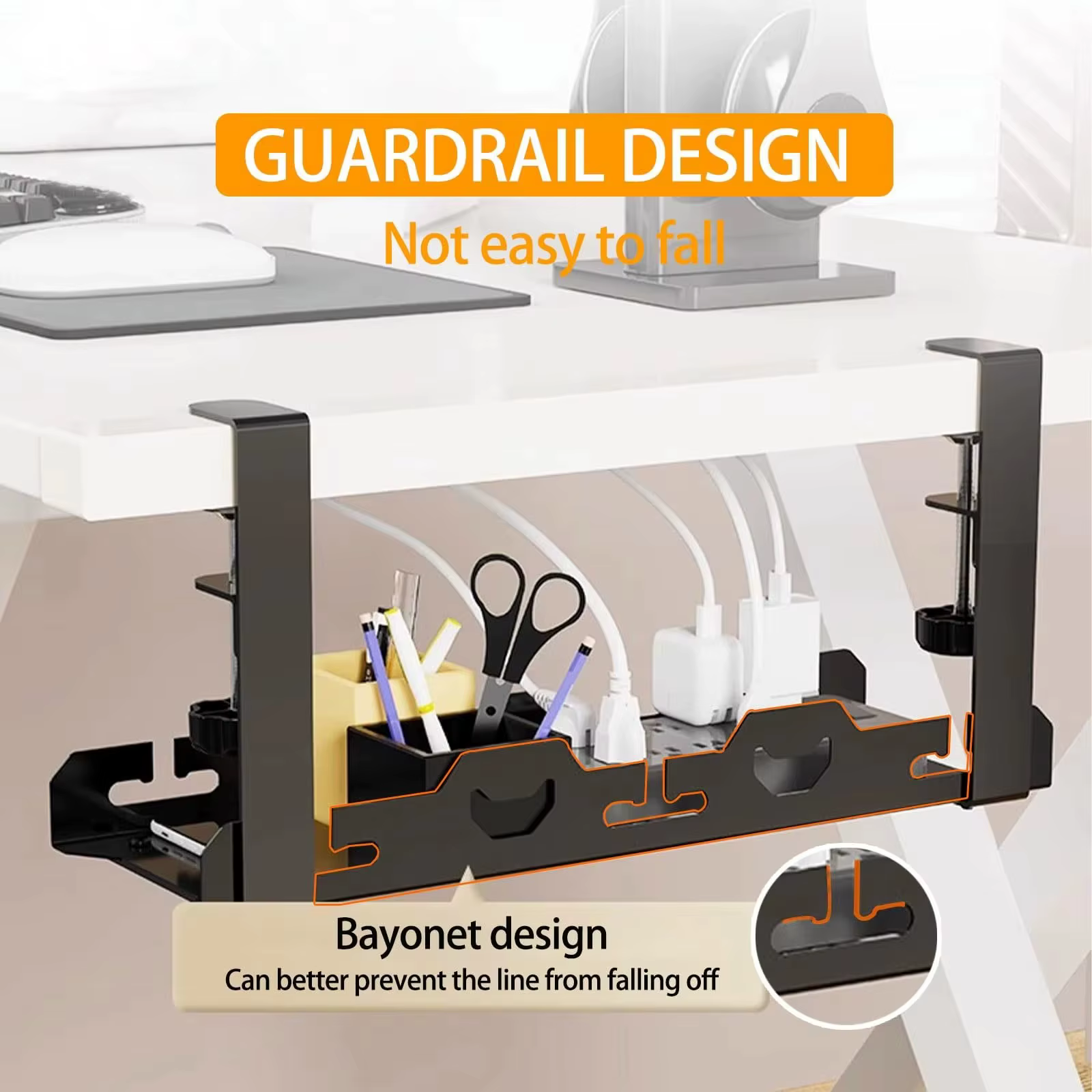 Organisateur extensible sous le bureau, plateau de gestion des câbles sans perceuse (noir/blanc), rangement télescopique peu encombrant pour fils et bureau