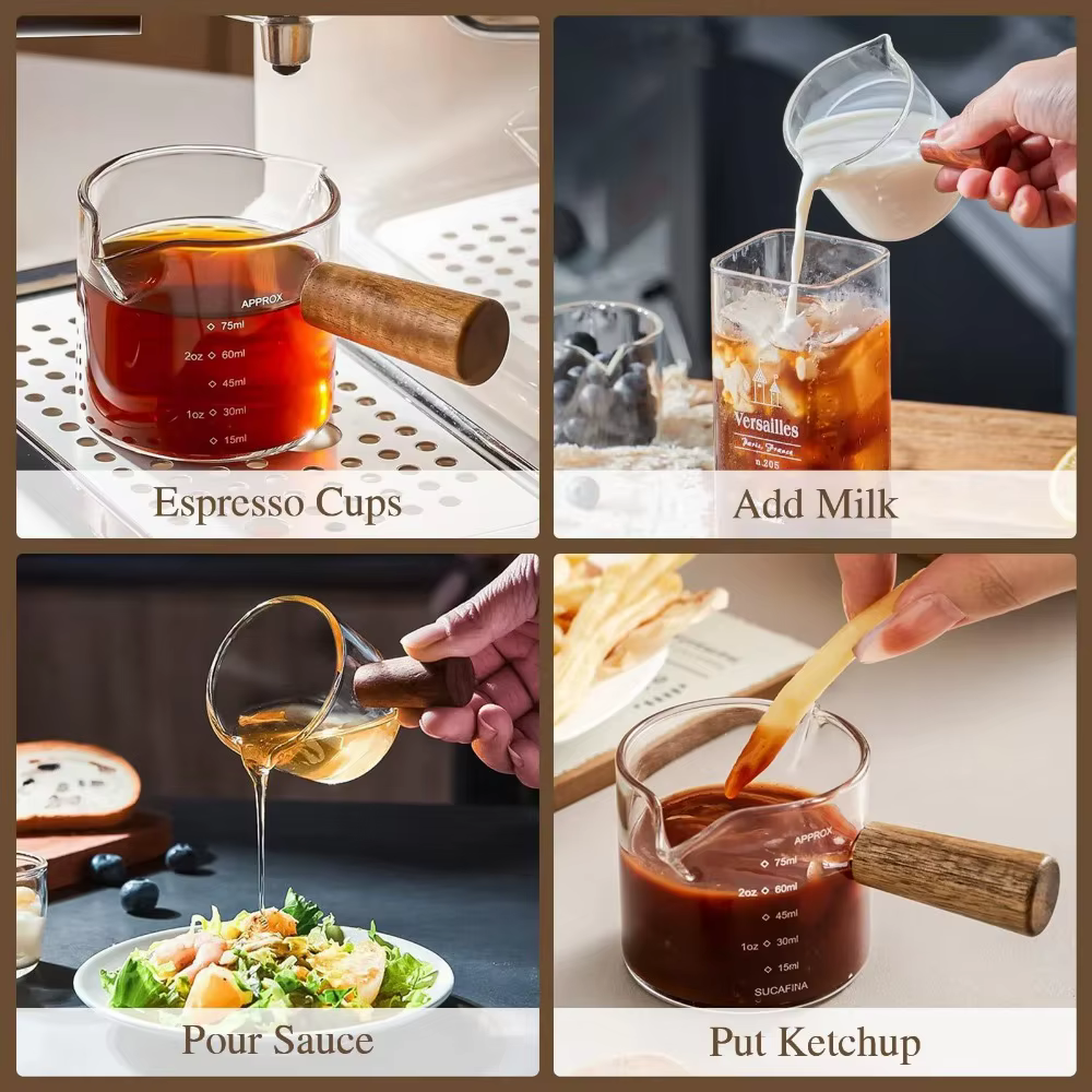 Tasse à mesurer en verre transparent de 75ml, avec poignée en bois, carafe à lait à double bec, outil de cuisine pratique pour la préparation du café, 1/2/5 pièces