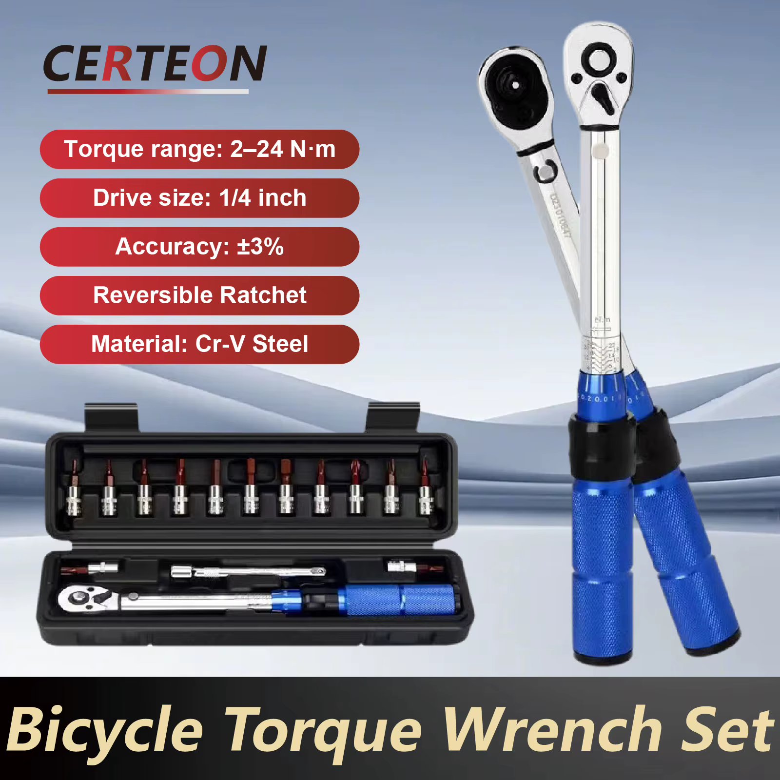 Clé Dynamométrique Réglable Haute Précision 2 à 24Nm 1 4 Pouce Kit de 15 Outils pour Réparation de Vélo avec Embouts et Coffret