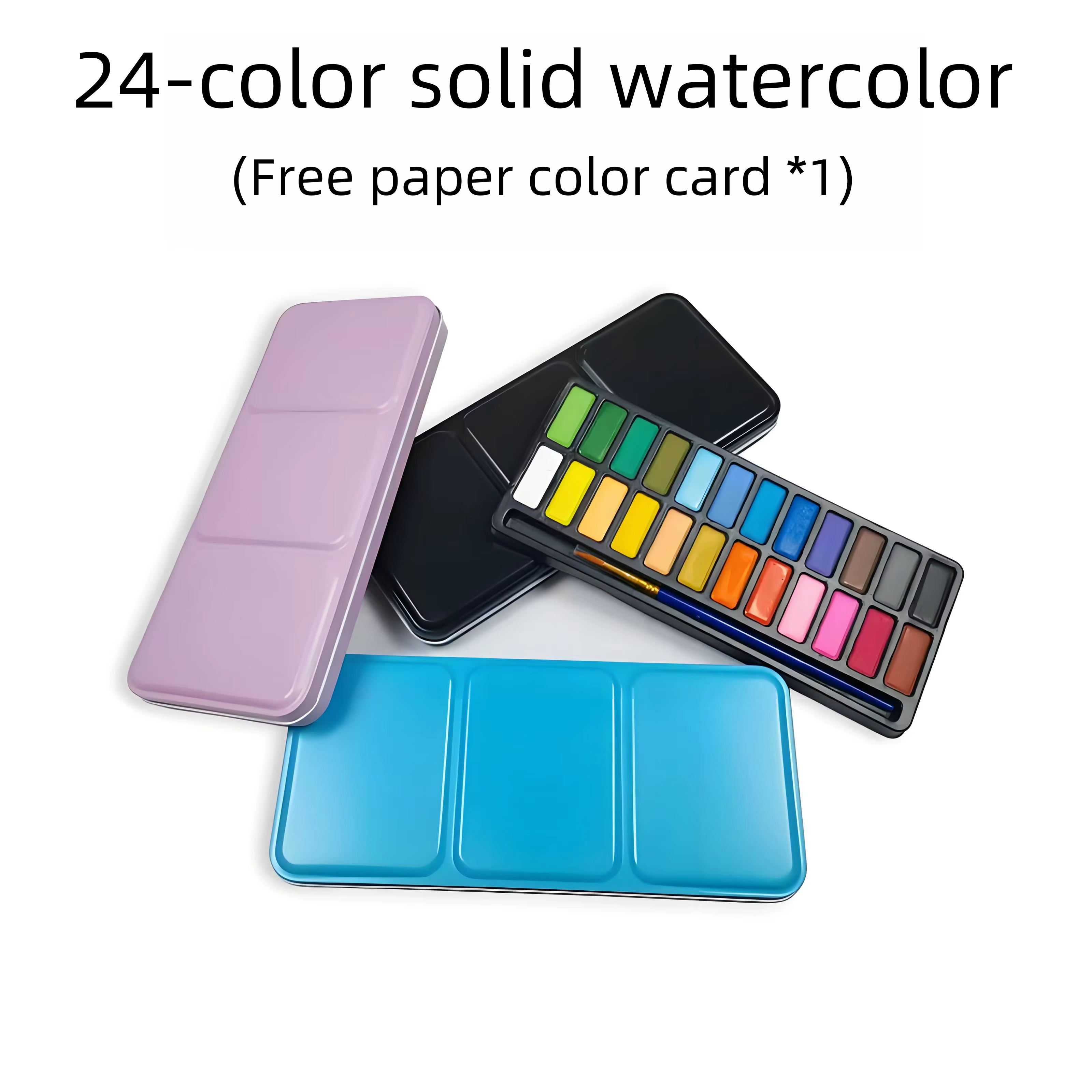 Boîte en fer de 24 couleurs de peinture à l'aquarelle solide, stylo et nuancier gratuits. Convient aux débutants en peinture et au dessin.