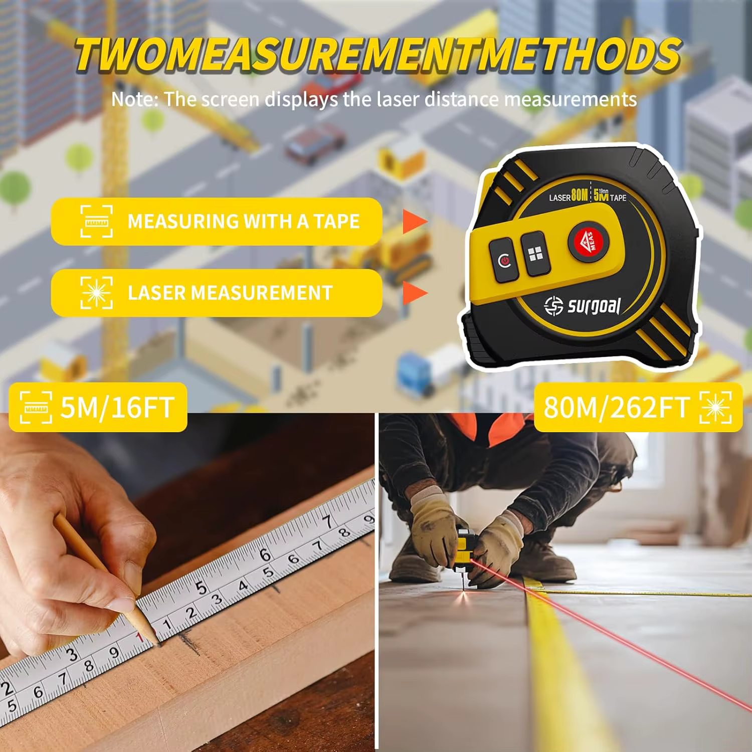 Télémètre laser 2 en 1 80m + ruban à mesurer 5m multifonctionnel rechargeable