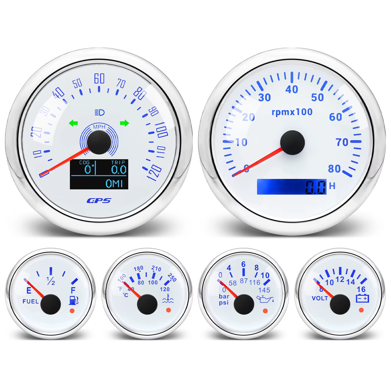 Ensemble de 6 jauges pour bateau et voiture, avec capteur, 7 couleurs, LED, GPS, compteur de vitesse, tachymètre, température de l'eau, pression d'huile, volts de carburant, 85mm