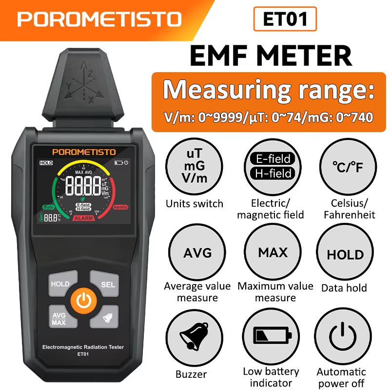 Détecteur de rayonnement électromagnétique compteur EMF de champ électrique/magnétique