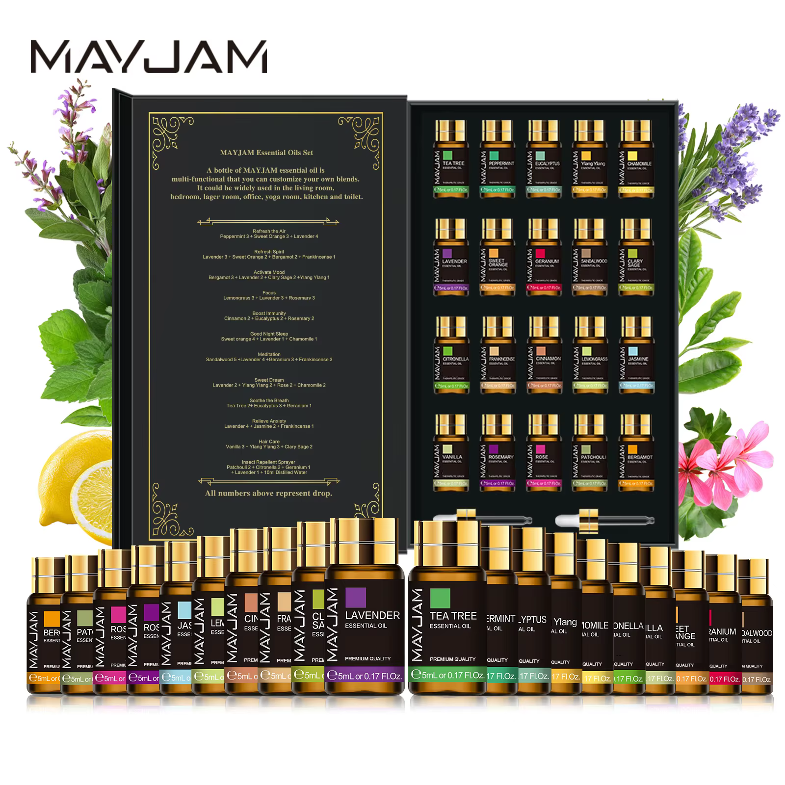 20 pièces Kits boîte-cadeau huile essentielle pour diffuseur pur naturel extrait de plante encens vanille citron menthe jasmin huile d'arbre à thé