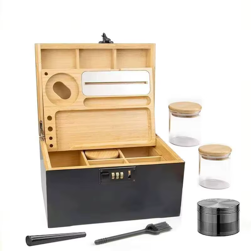 Boîte de rangement en bambou avec verrouillage par mot de passe, grande boîte en bambou BLOlock, bocaux en verre et broyeur d'herbes, boîte à mot de passe en bambou