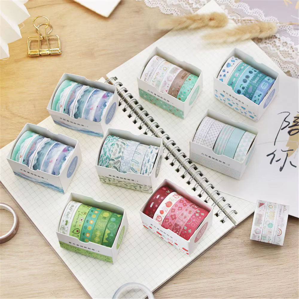 5 rouleaux/boîte de ruban adhésif washi pour scrapbooking, papeterie scolaire mignonne