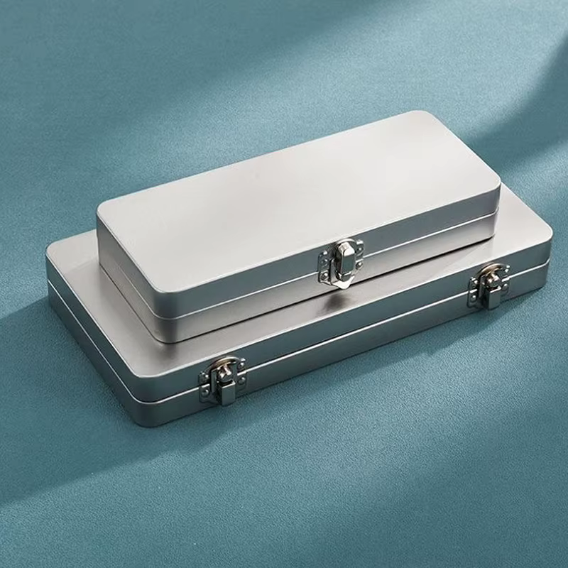 Boîte rectangulaire en métal gris argenté durable avec couvercle - Idéale pour ranger les factures