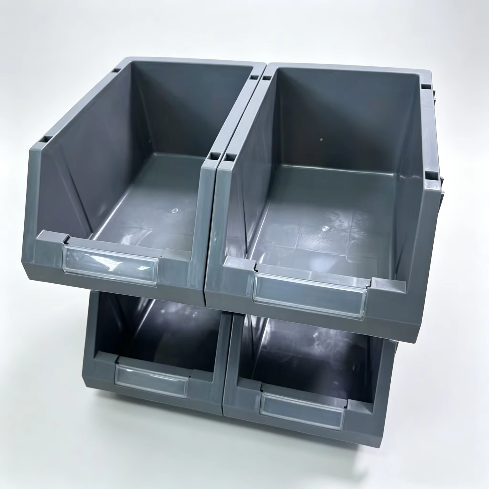 4 grands bacs de rangement en plastique gris avec compartiments à étiquettes transparentes - Système d'organisation