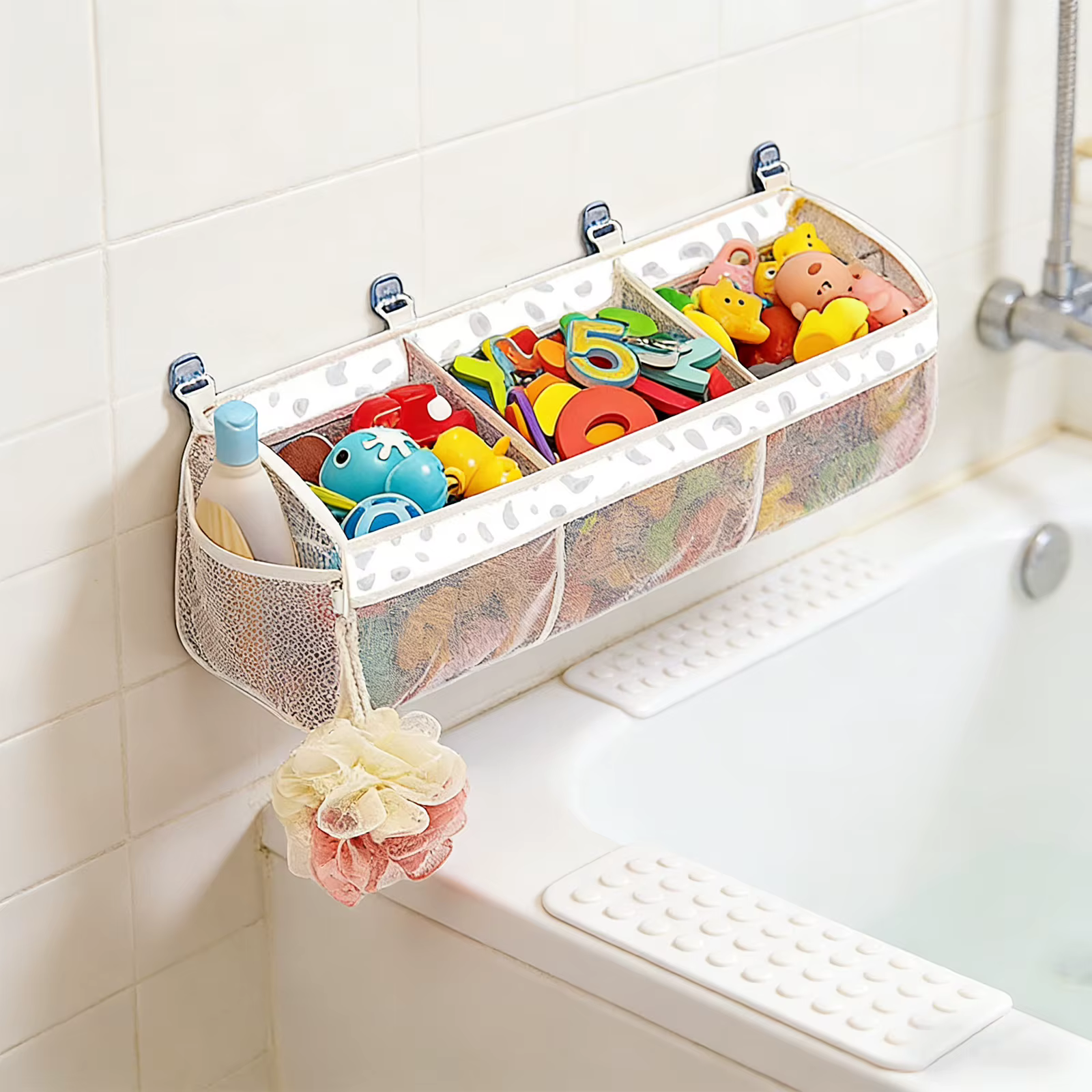 2 styles de sacs de rangement pour jouets de salle de bain avec 4 crochets, sac de rangement mural de grande capacité, organisateur d'accessoires de salle de bain