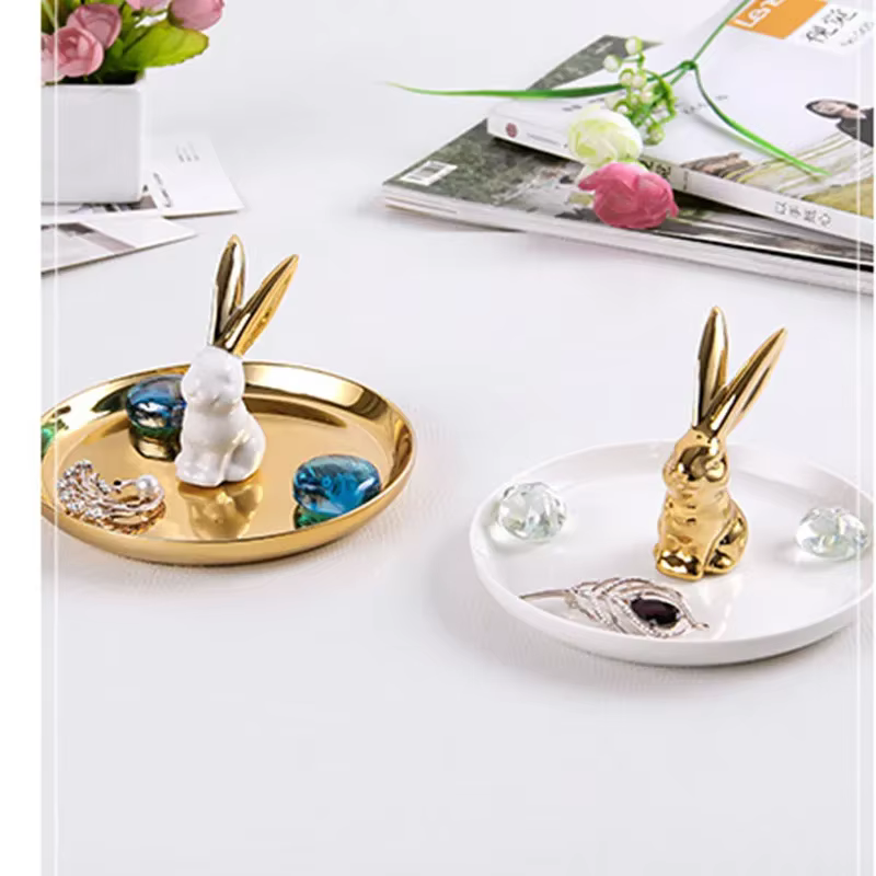 Coiffeuse de style européen, animal doré, cheval, lapin, plateau de rangement de bijoux en céramique, boîte de rangement de bijoux