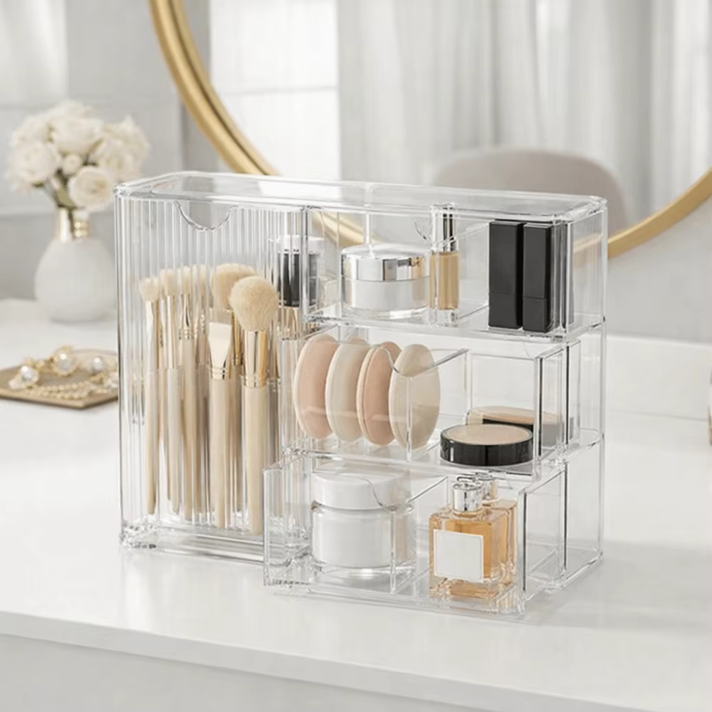 Boîte de rangement cosmétique en plastique transparente, grande capacité, style tiroir, avec tiroirs, anti-poussière