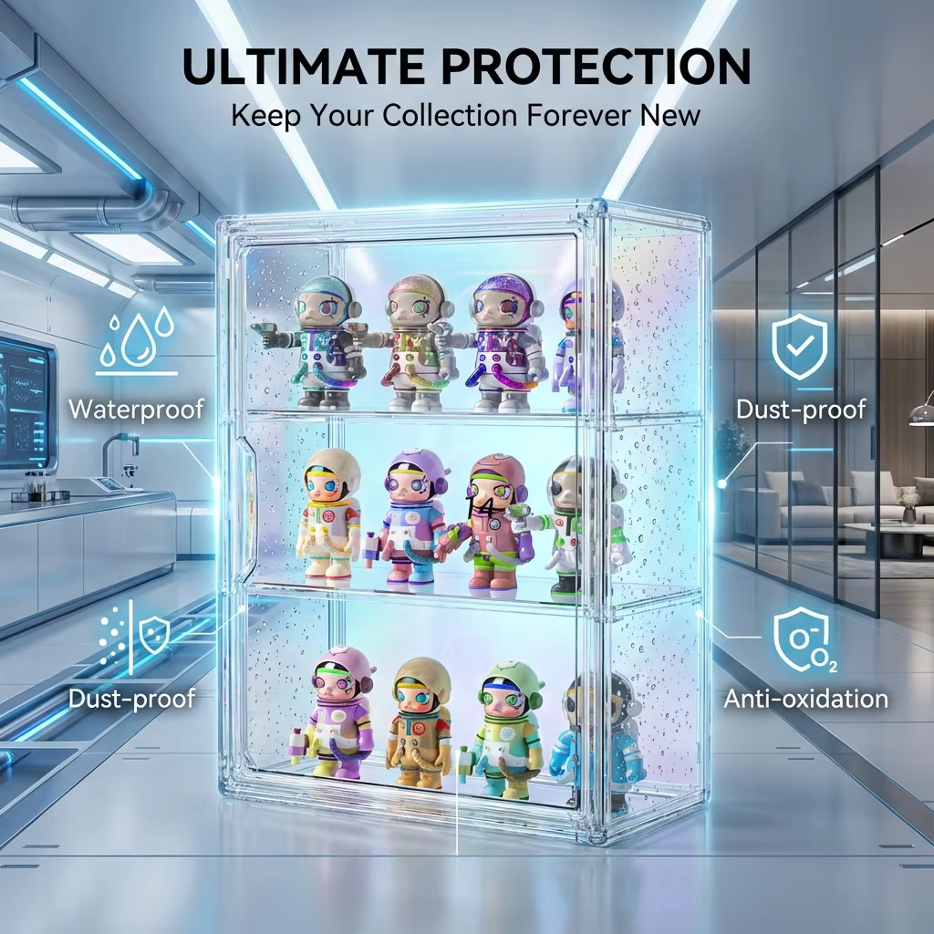 1 vitrine transparente en acrylique pour figurines avec deux étagères amovibles