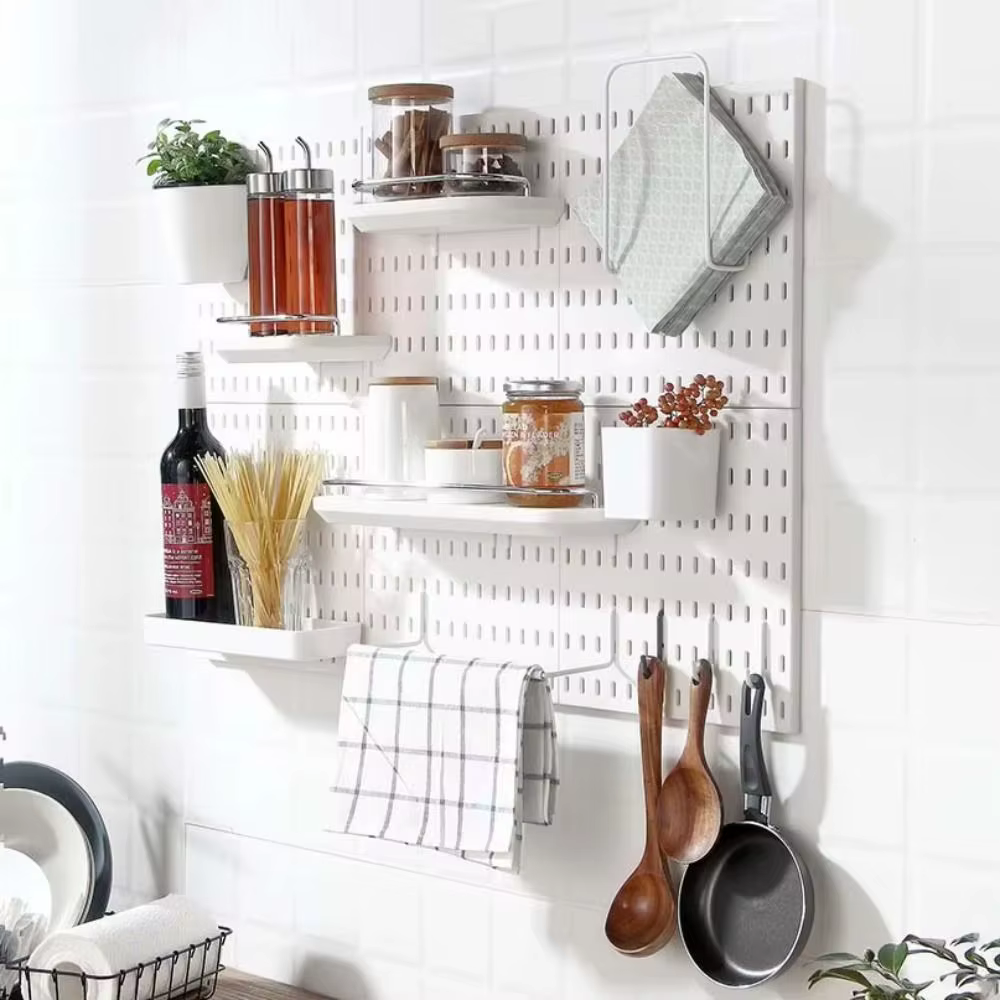Panneau de rangement mural avec crochets, panneau perforé gain de place, support de rangement et d'affichage DIY pour cuisine, chambre, salle de bain, bureau