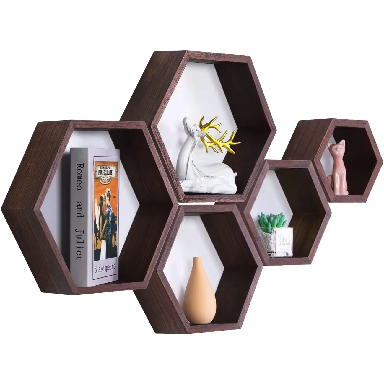Nouvel arrivage : Ensemble d'étagères flottantes hexagonales et unités de rangement murales en bois massif en nid