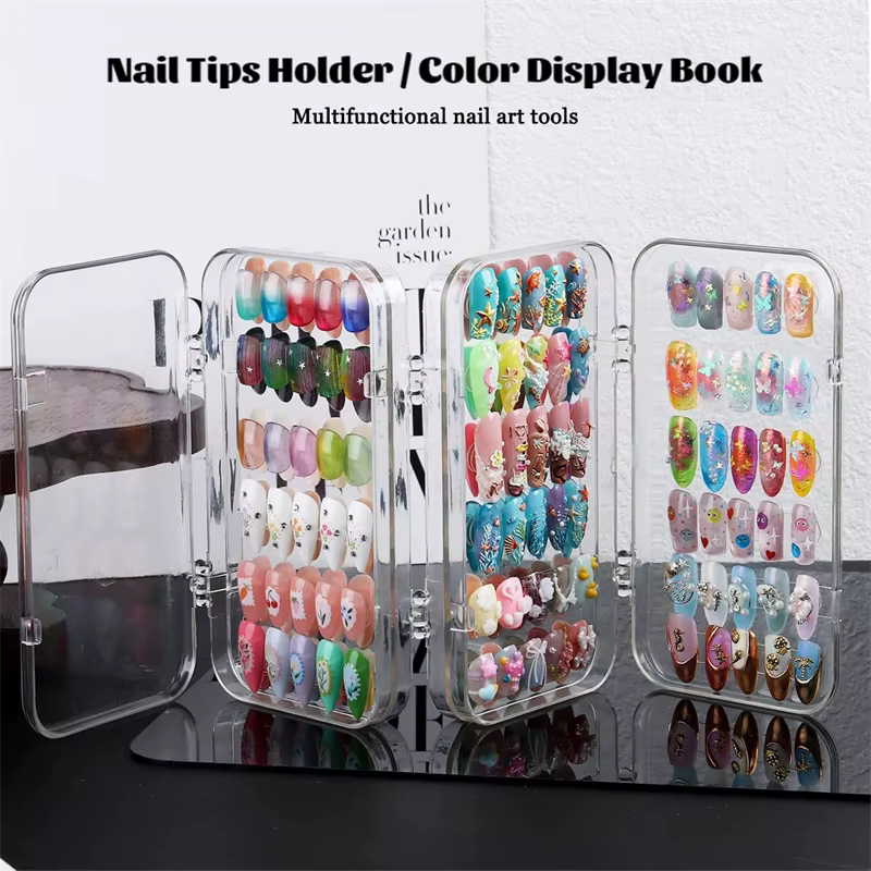 Boîte de rangement pour nail art, organisateur transparent anti-poussière, plateau de coiffeuse pliable en trois pour le rangement et la présentation de bijoux