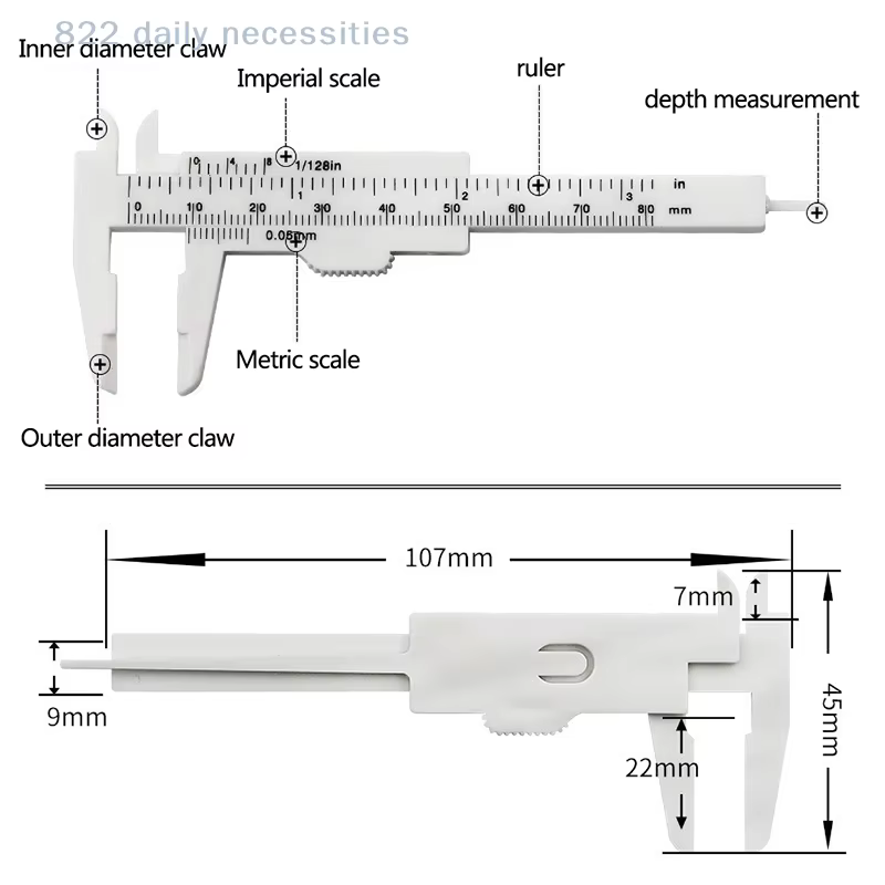 Pied à coulisse portable en plastique de 80 mm à double échelle pour la mesure des sourcils