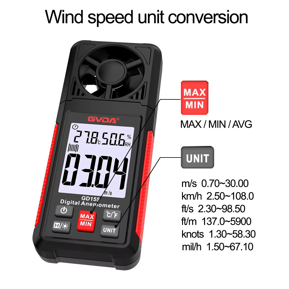 GVDA-Anémomètre numérique avec écran LCD rétro4.2, mesure de la vitesse du vent, mesure de la température et du refroidissement éolien, GDaxes