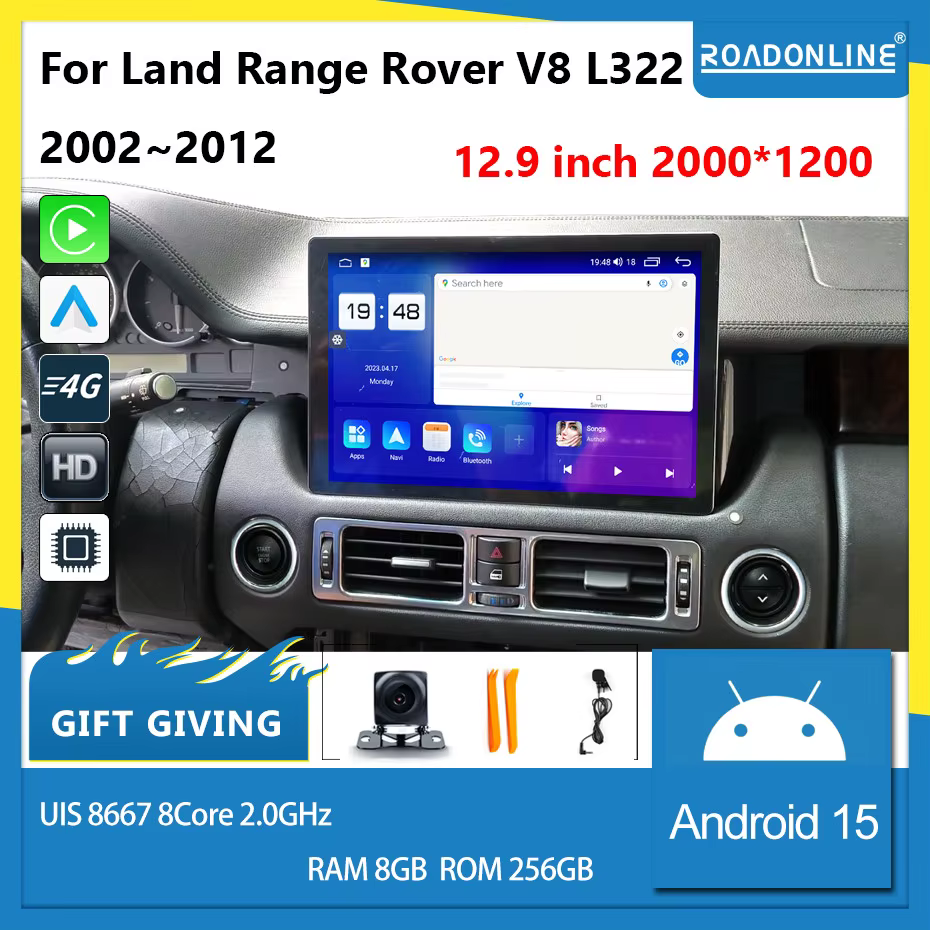 12.9 pouces pour Land Rover Range V8 L322 2005 ~ 2012 autoradio Android 15 2000*1200 8GB RAM 256GB ROM lecteur multimédia de voiture Android